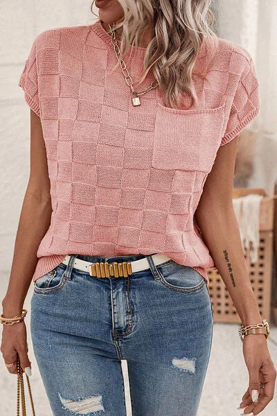 Plaid Pocketed Round Neck Sweater Business