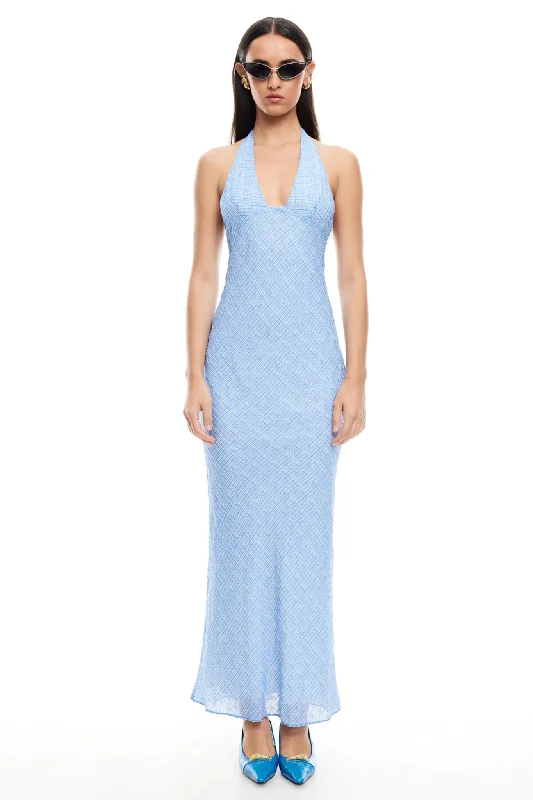 LIONESS Carrie Halter Dress Blue Check Earthy Women's Hemp - based
