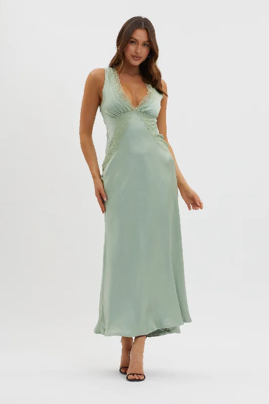 Ivonne Lace Trim V-Neck Maxi Dress Sage Monochromatic All - in - one