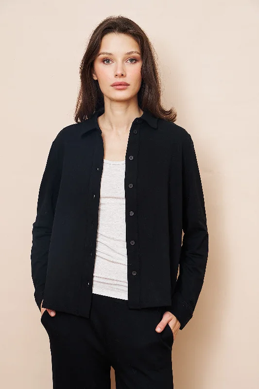 Majestic French Terry Long Sleeve Relaxed Shirt in Noir Refined Women's Classic 