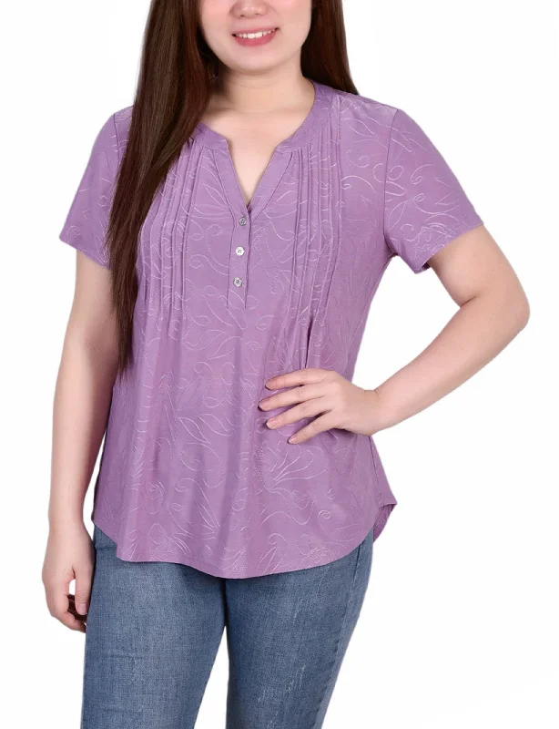 Petite Short Sleeve Y Neck Jacquard Knit Top Sporty Women's Tennis