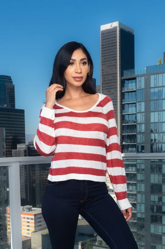 Light Knit Lons Sleeve Crew Neck Striped Top In Rust (117482) British Gentlewoman Style