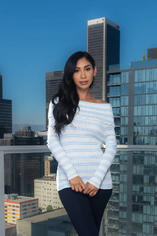 Rib Knit Long Sleeve Open Shoulders Striped Top (167084) Compression