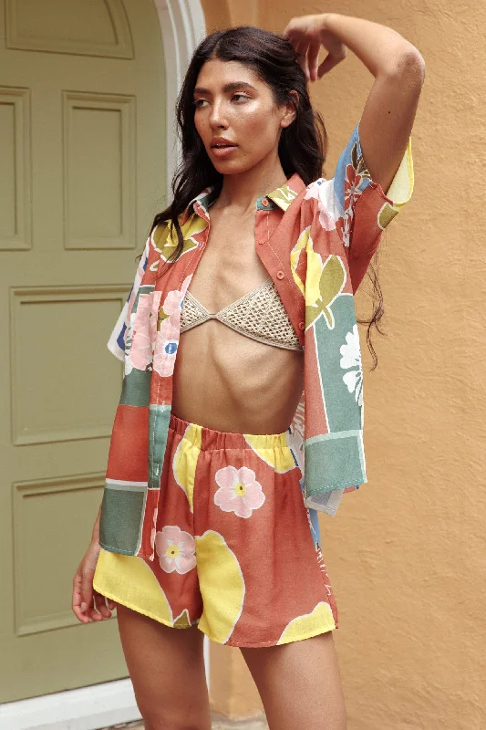Swing Of Things Elastic Waist Shorts Citrus Terracotta Artistic Women's Hand - painted