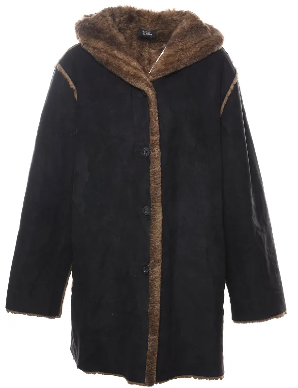 Hooded Black Coat - L Refined Women's Velvet
