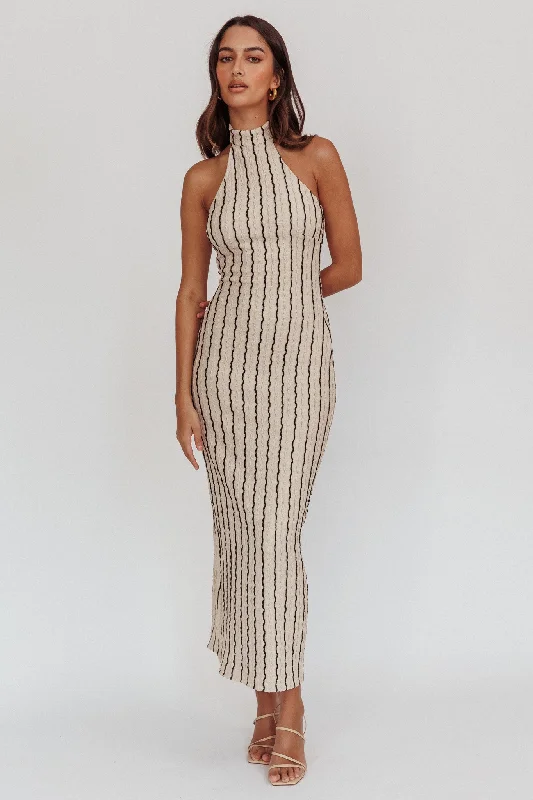 Kimchi Mockneck Halter Maxi Dress Beige Sophisticated Women's Tailored