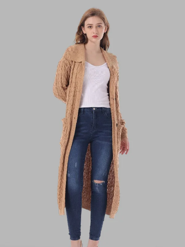 Cable-Knit Collared Neck Cardigan with Pockets Cozy Women's Winter
