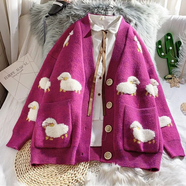 NEW AUTUMN KNIT WOMEN'S CARDIGAN LOOSE STREETWEAR KNIT SWEATER COTS CUTE CARTOON PRINT O-NECK KNITTED CARDIGAN WOMEN JACKET Modern Women's 