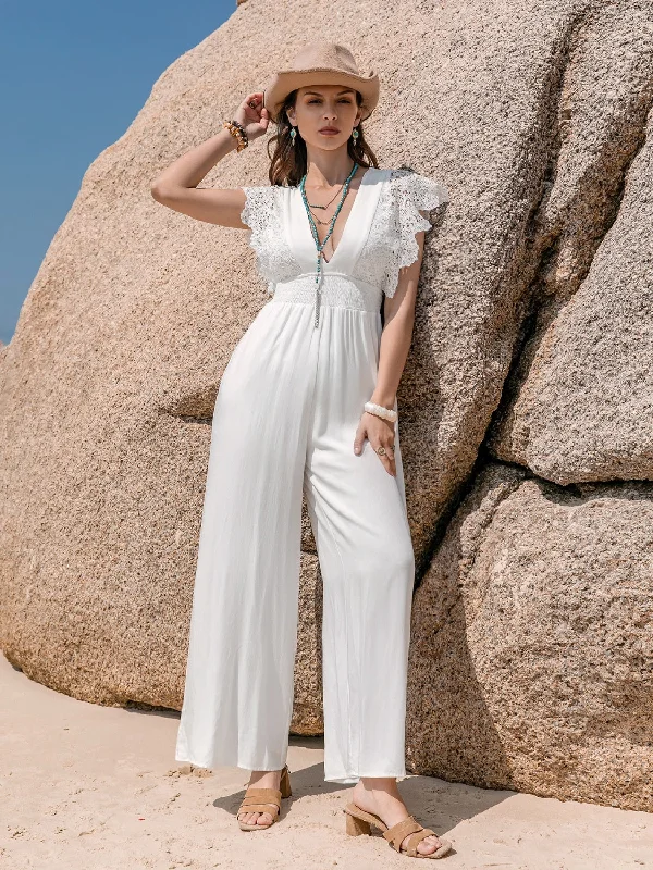 Lace Detail Plunge Cap Sleeve Jumpsuit Youthful Women's Anime - inspired
