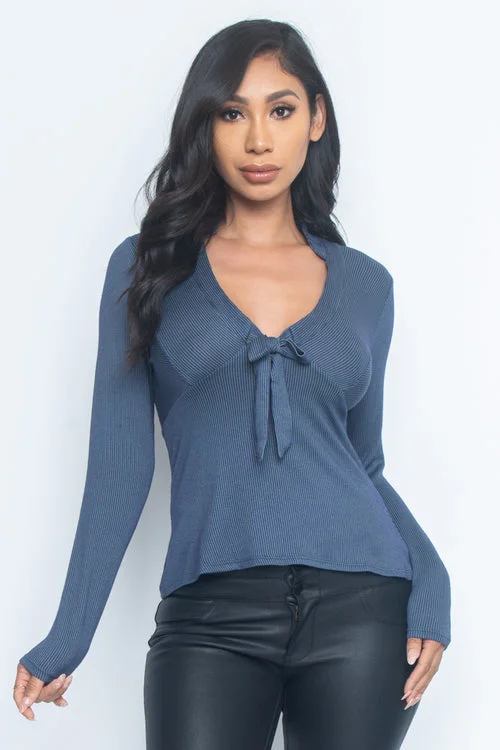 Long sleeve V-Neck Striped Top With Front Bow Tie (MT3657) Refined Women's 