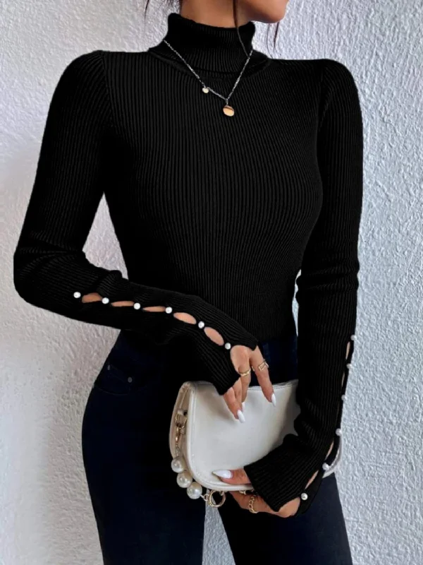 Cutout Turtleneck Rib-Knit Top Feminine Women's Soft 