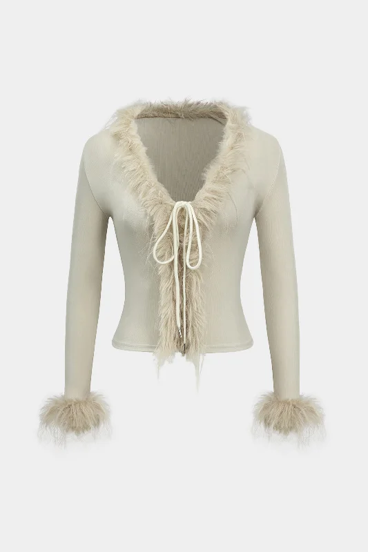 Knit Patchwork Faux Fur Tie-Up Long-Sleeve Top Cool Women's Skate