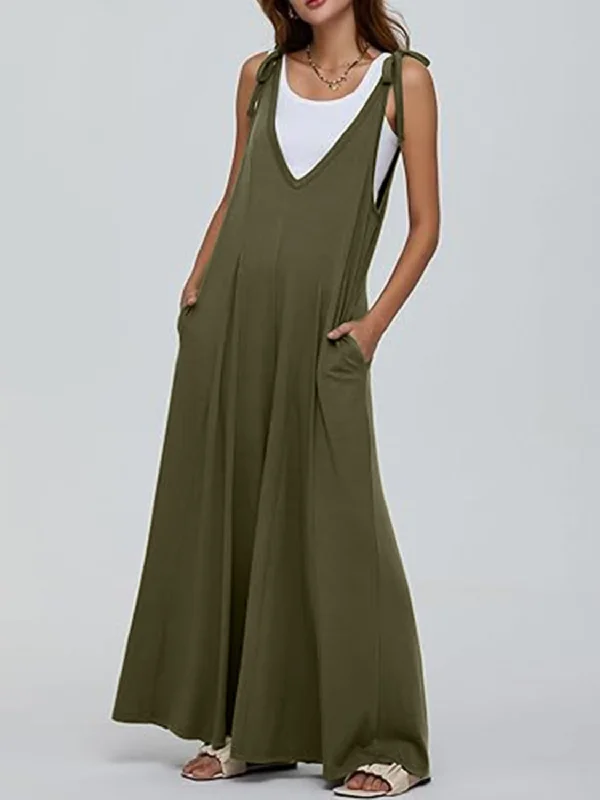 V-Neck Tie Shoulder Jumpsuit Stylish Women's Neon