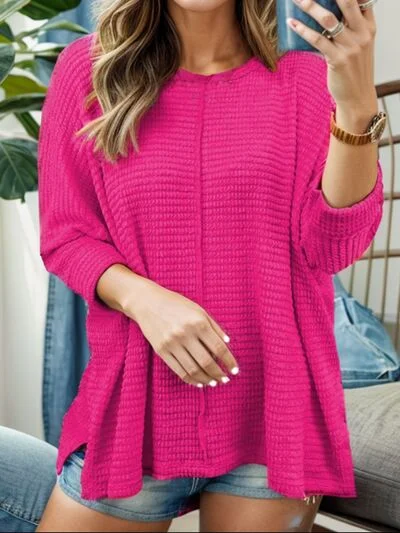 Round Neck Waffle Knit Slit Sweater Dapper Women's 1920S