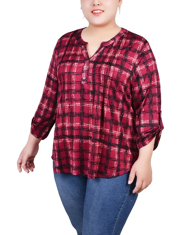 Plus Size 3/4 Roll Tab Sleeve Y Neck Top Traditional Women's 