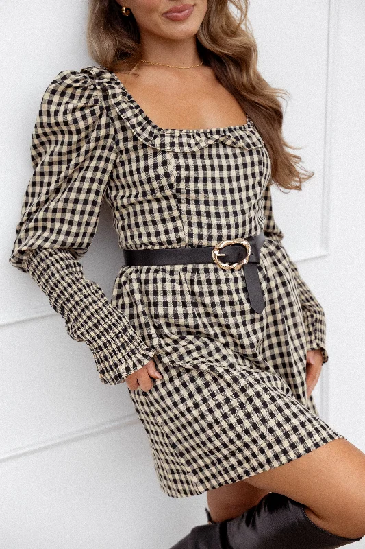 Xenia Mini Dress - Black/Beige Gingham Trendy Women's 