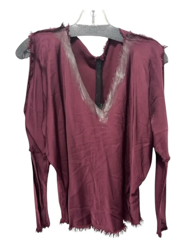 Jaga Size S Burgundy & Silver Rayon Frayed V Neck Shimmer Detail Long Sleeve Top Bold Women's Animal Print