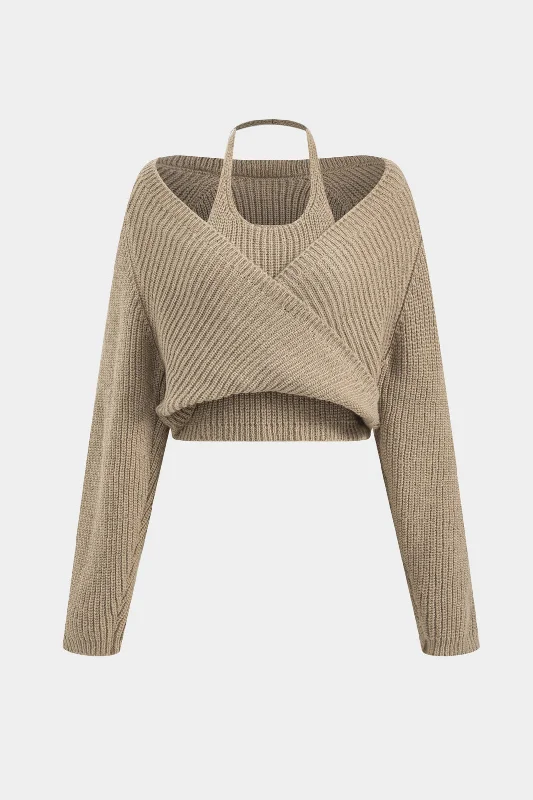 Knitted Crossed Halter Neck Long-Sleeve Top Dynamic Women's High - energy