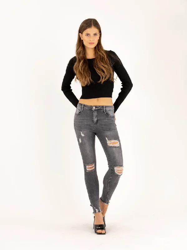 Jean skinny gris genoux destroy ourlet brut Contemporary 