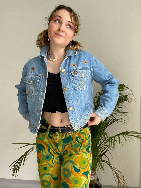 Cropped Patterned Denim Jacket (S) Stylish Women's Tropical 