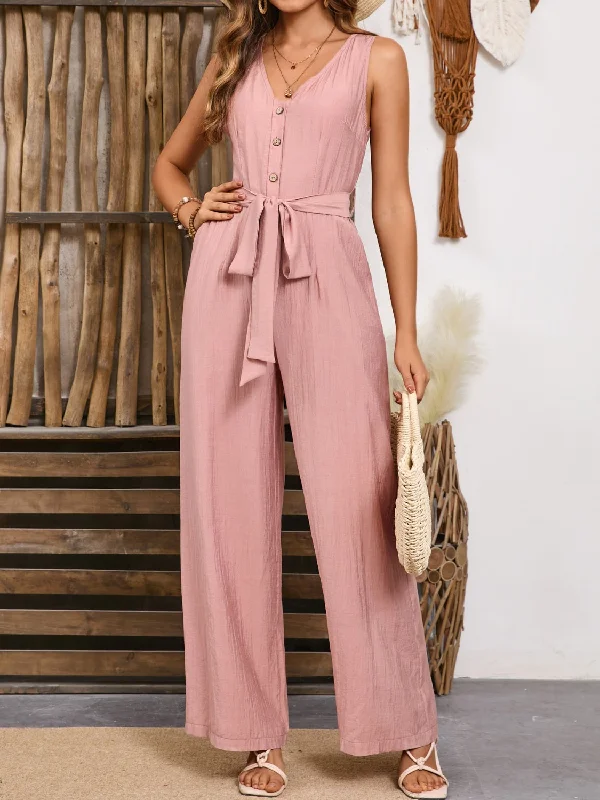 V-Neck Tie Waist Jumpsuit British Gentlewoman Style
