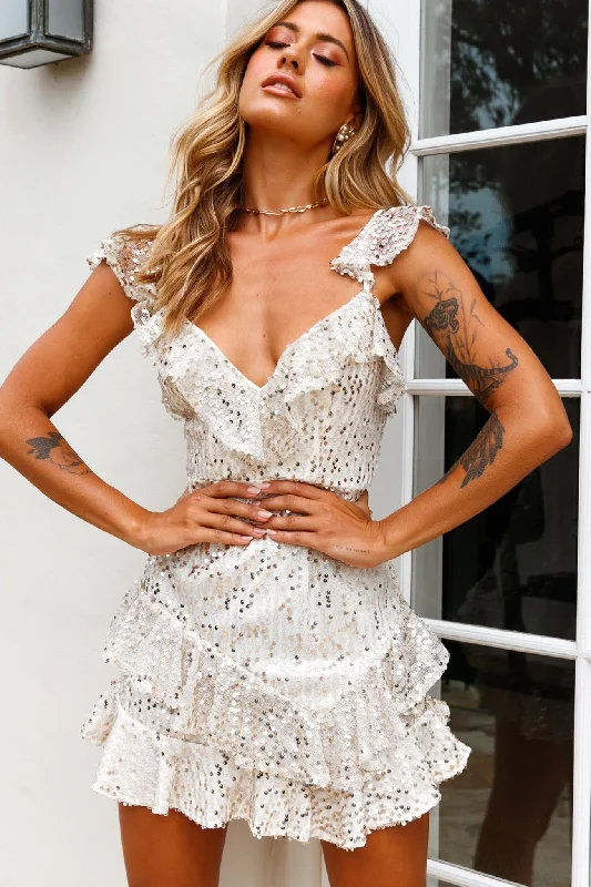Paparazzi Ruffle Shoulder Sequin Party Dress Champagne Disco
