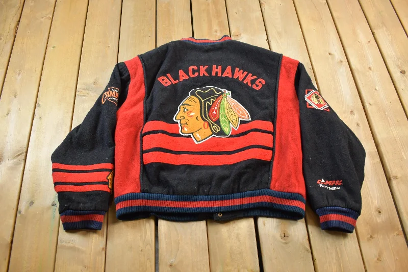 Vintage 1990s NHL Chicago Black Hawks Wool Varsity Jacket Rugged Women's Outdoor 