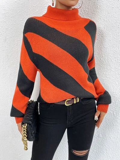 Striped Turtleneck Dropped Shoulder Sweater Sustainable Organic