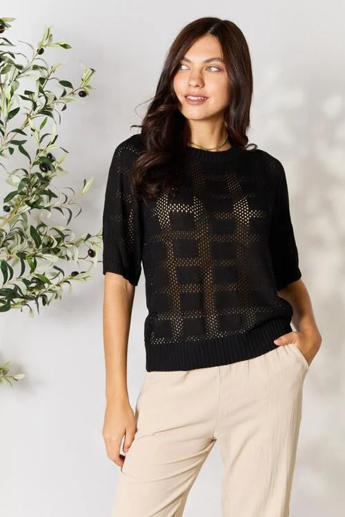 Double Take Ribbed Trim Round Neck Knit Top Confident Women's Power