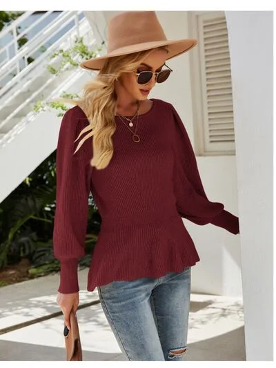 Ribbed Round Neck Lantern Sleeve Sweater Cozy Women's Sherpa - lined