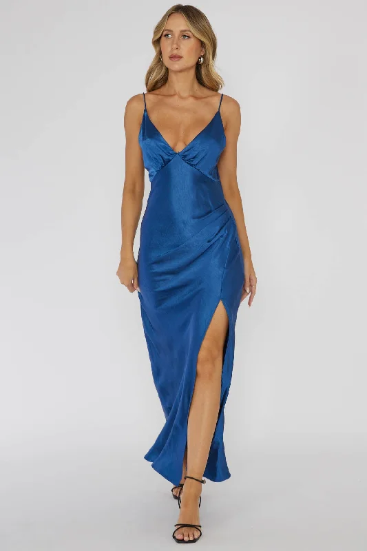 Marlie Side Pleat Maxi Dress Navy Cozy Women's Sherpa - lined