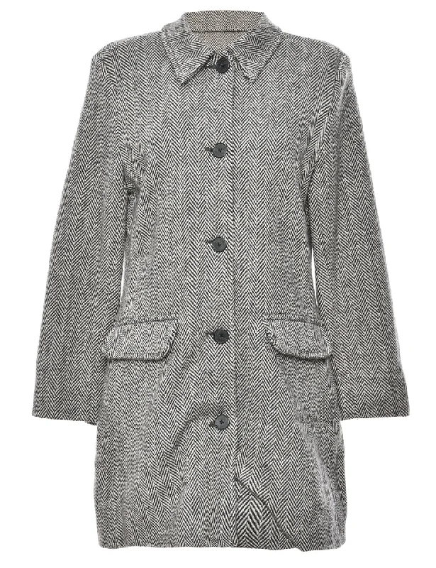 Black & Light Grey Herringbone Tweed Wool Coat - L Traditional Women's 