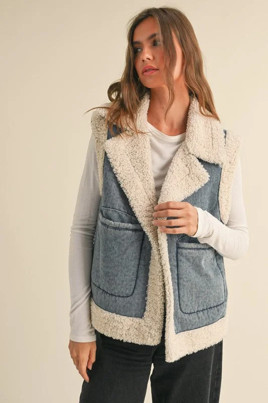 Toasty Times Sherpa Contrasted Denim Vest Modern Women's 