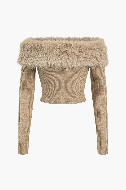 Knit Off Shoulder Patchwork Faux Fur Long-Sleeve Top Preppy Women's College