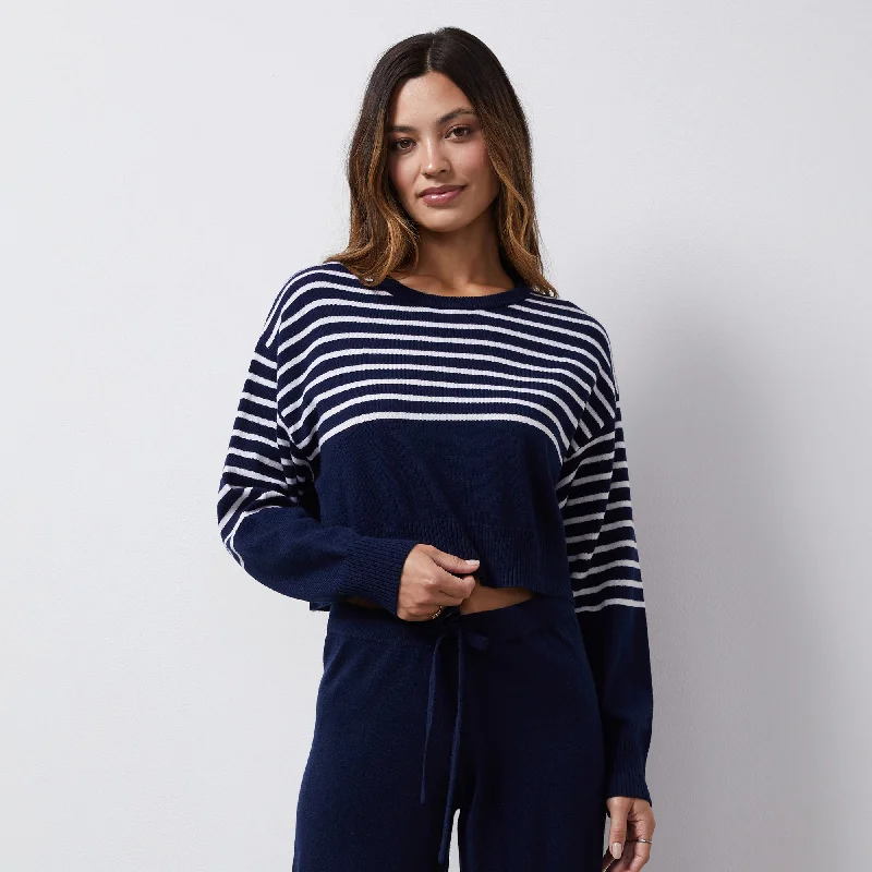 Wool Cashmere Stripe Crew Neck Sweater Stylish Women's Neon