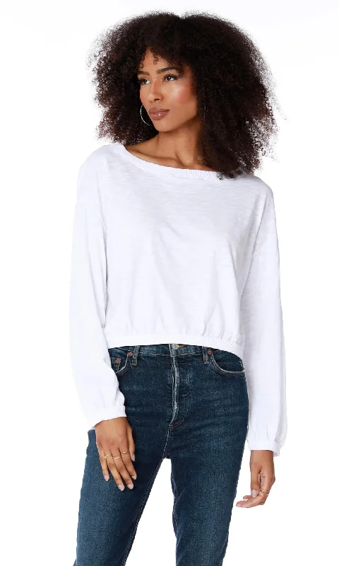 Shirred Boat Neck Ribbed Top Relaxed Women's Beachy