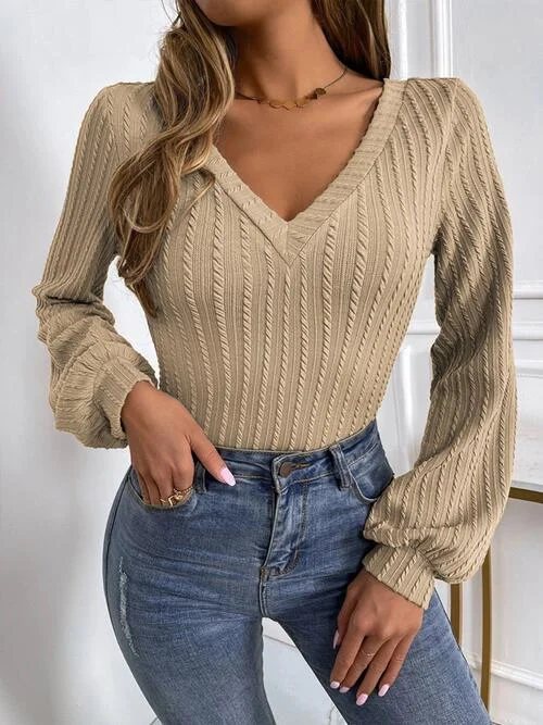 Cable-Knit V-Neck Long Sleeve Knit Top Laid - back Women's Style