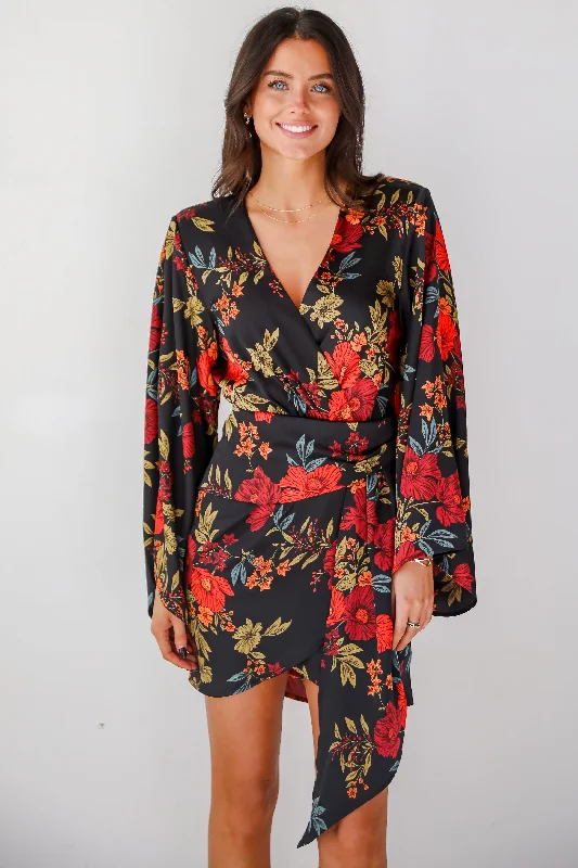 FINAL SALE - Luxurious Statement Black Floral Mini Dress Confident Women's Power