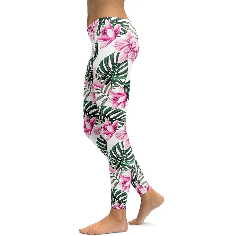 Tropical Floral White Leggings Artistic Women's Avant - 