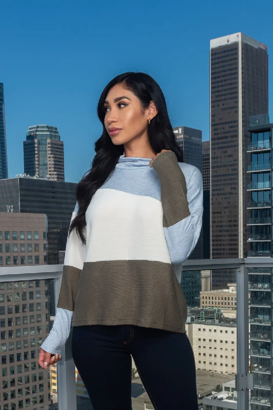 Tri-Color Asymmetrical Fabric Cowl Neck Long Sleeve Top (CET200752-CT) Unique Women's Upcycled