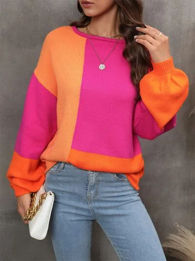 Color Block Round Neck Sweater Stylish Women's Neon