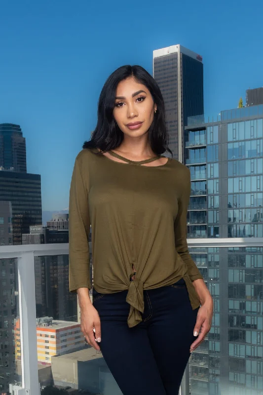 Sleeve Round Neck Top with Cut Out Detail and Vented Tie Front (FK181312) Compression