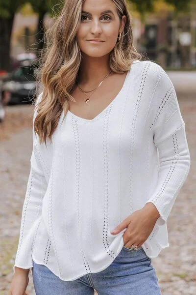 Openwork V-Neck Long Sleeve Knit Top Stylish Women's Tropical 
