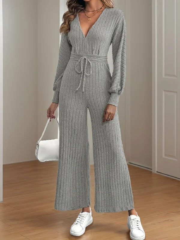 V-Neck Long Sleeve Wide Leg Jumpsuit Dapper Women's 1920S