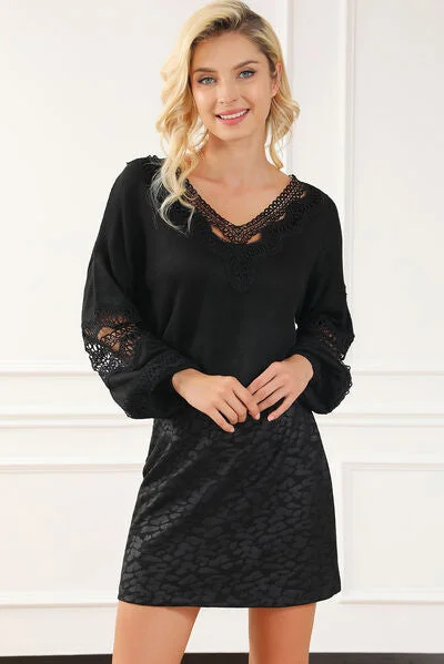 Openwork V-Neck Raglan Sleeve Sweater Vacation