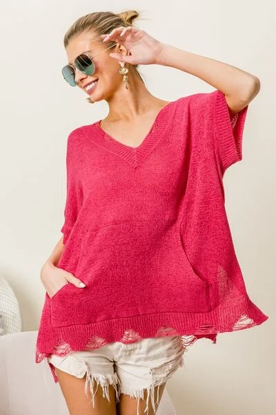 BiBi Distressed Hem V-Neck Slit Sweater Practical Women's Multi - 
