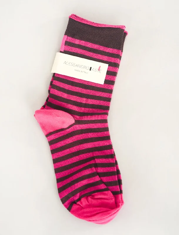 Varsity Stripe Sock, Fuchsia/Brown Confident Women's High - fashion