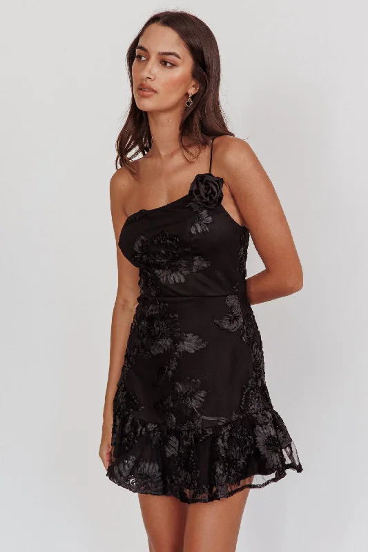 Lilah One-Shoulder Embellished Rosette Dress Black Bohemian Women's Free