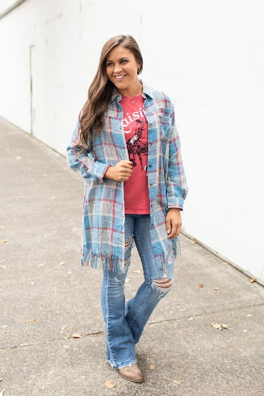 Blue Red Gray Plaid Frayed Button Up Long Shacket Earthy Women's 
