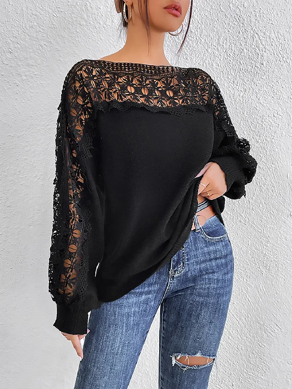 Lace Trim Boat Neck Knit Top Bold Women's Animal Print